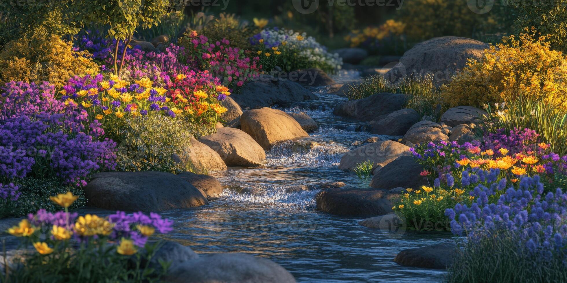 Colorful wildflowers bloom alongside a clear mountain river under bright sunlight photo