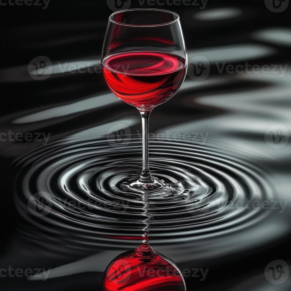 An exquisite red wine glass sits atop a dark, reflective surface, its presence creating gentle ripples in the glass photo