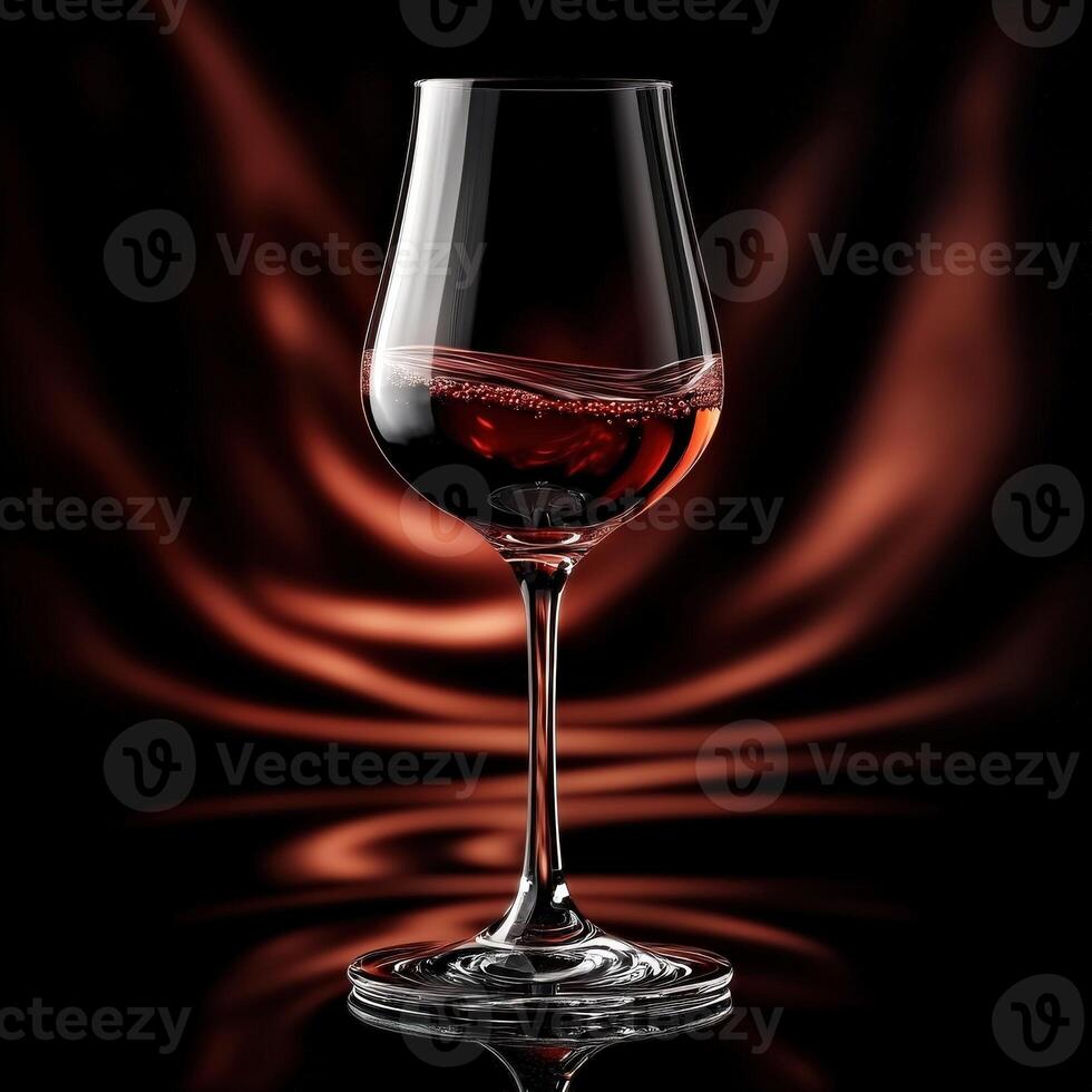 Sleek red wine glass reflecting rich tones against a dark, wavy backdrop in an elegant setting photo