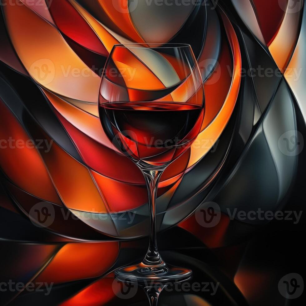 Red wine glass against vibrant abstract background with warm tones and smooth curves photo