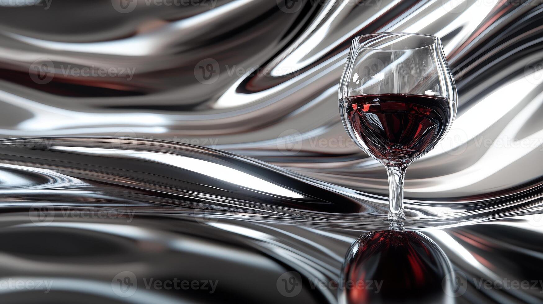 Elegant glass of red wine on reflective metallic surface showcasing a modern artistic ambiance photo