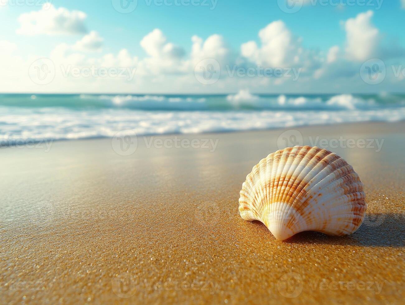 Shell resting on sandy beach during daylight with gentle waves and cloudy sky in the background photo