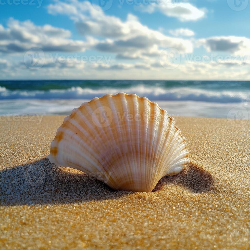 Beautiful scallop shell resting on sandy beach with gentle waves under a bright sky photo