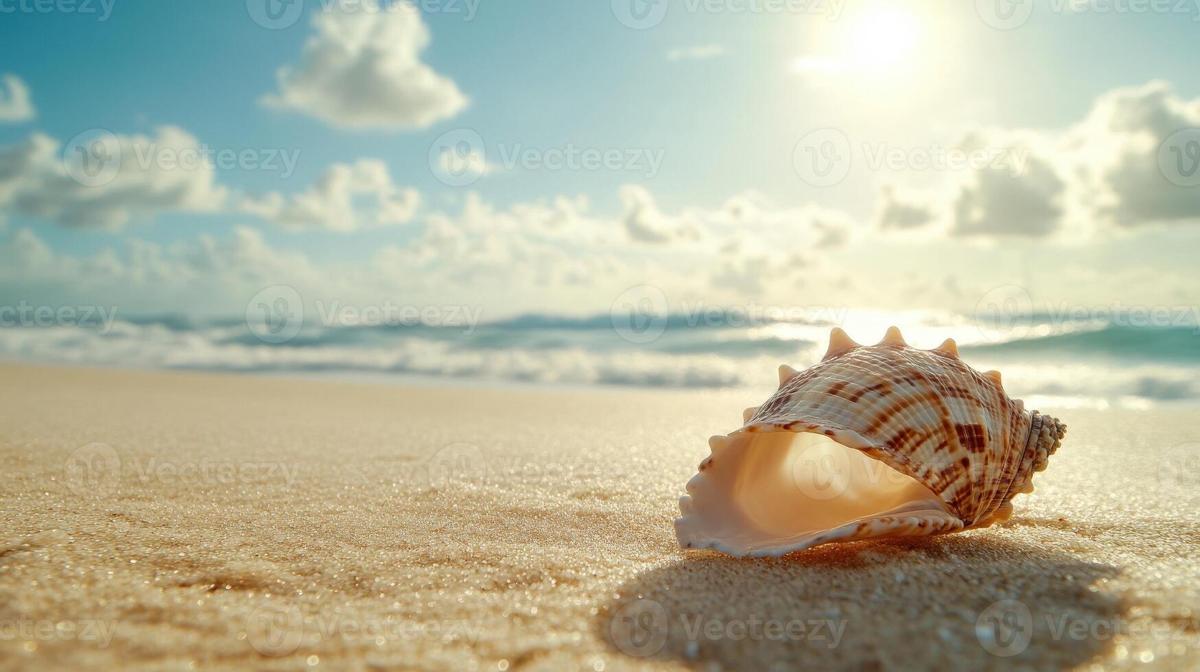 Beautiful seashell resting on sandy beach with waves and clouds during golden hour photo