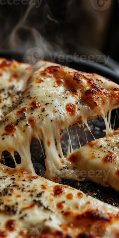 Delicious cheese pizza being served hot from the oven with golden crust and melting cheese photo