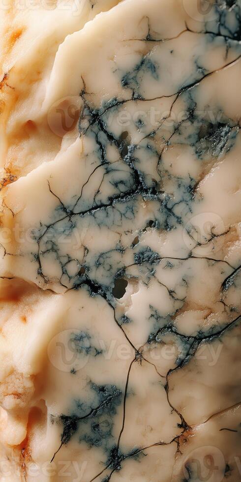 Exploring the intricate texture and patterns of blue cheese, highlighting unique mold veins and creamy composition photo