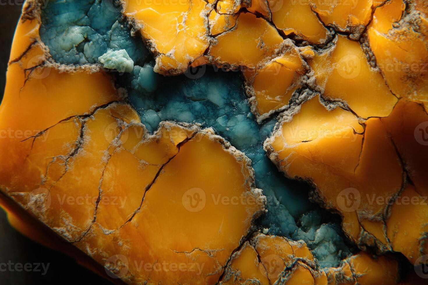 Discovering the complex, vibrant texture of blue cheese with yellow and blue veining in a natural setting photo
