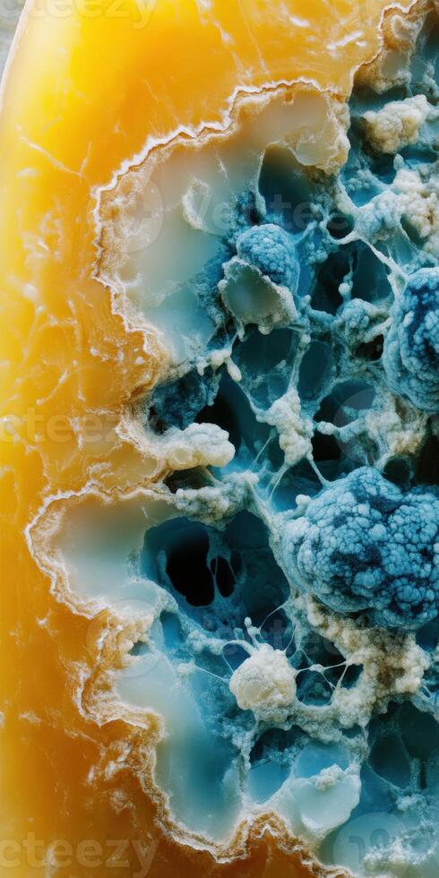 Detailed view of blue cheese showcasing its unique texture and coloration, highlighting the mold characteristics photo