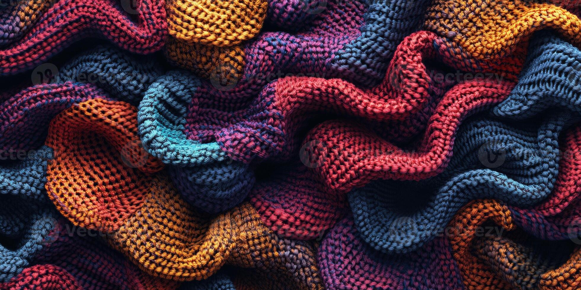 Textured knitted fabric displays vibrant colors and intricate patterns in a warm, cozy arrangement during a craft session photo