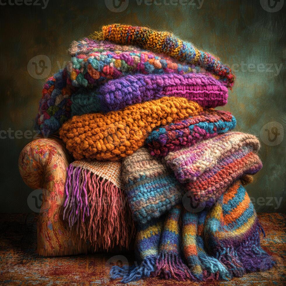 Cozy collection of colorful knitted blankets on an ornate armchair showcasing texture and warmth in a softly lit room photo