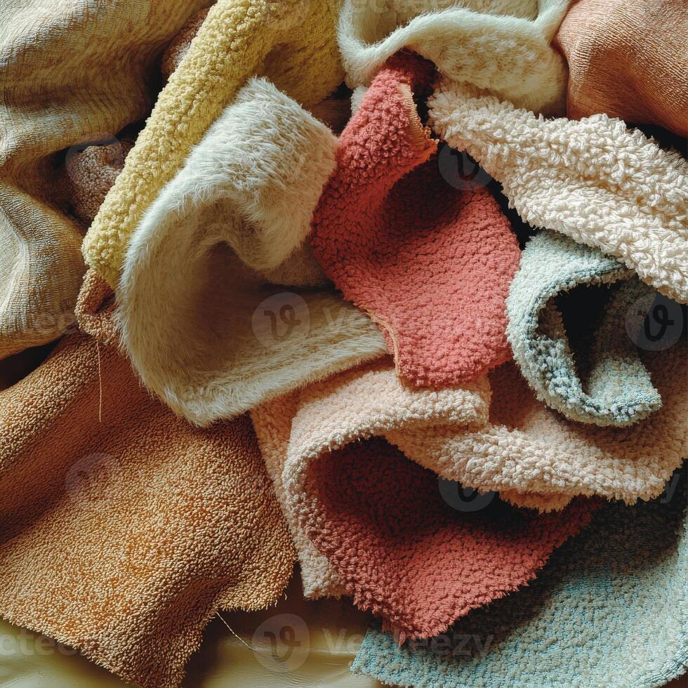 Colorful assortment of soft fabrics strewn together on a warm surface at home photo
