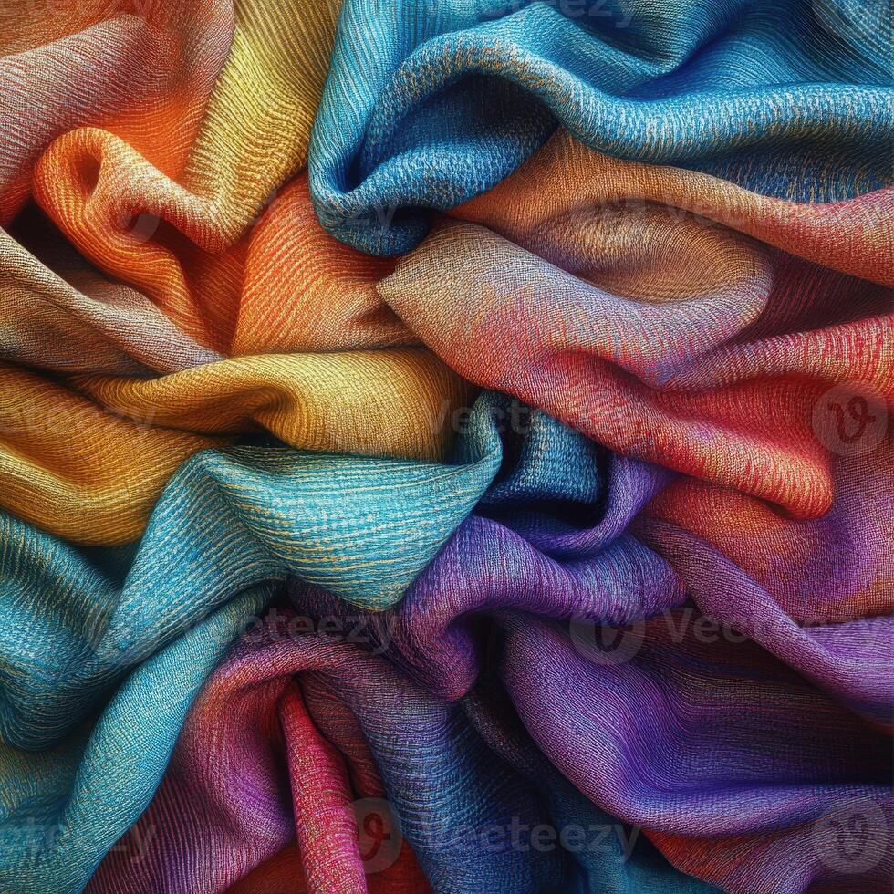 Vibrant fabric with a blend of colors showcasing artistic textures in a textile arrangement photo