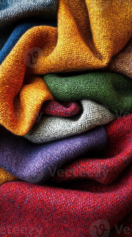 Colorful textiles arranged in a cozy and inviting manner showcasing various hues and textures for design inspiration photo