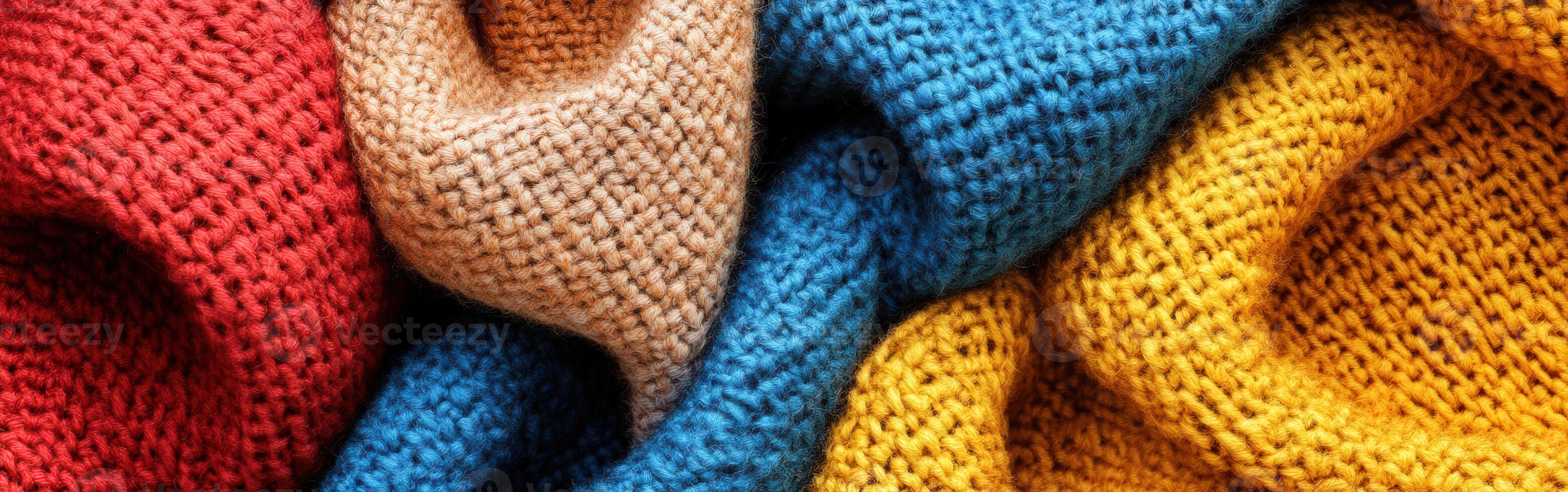Vibrant colors of knitted fabric showcasing textures and patterns in intricate detail during daylight photo