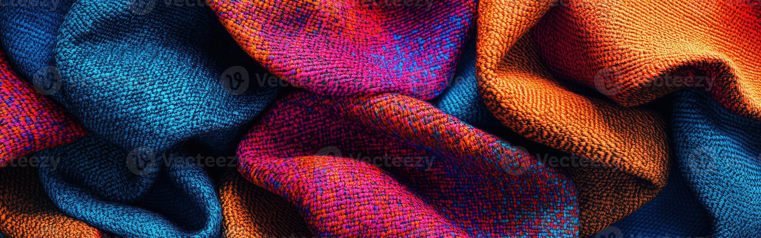 Colorful woven fabric showcasing vibrant hues and intricate patterns in textile art photo