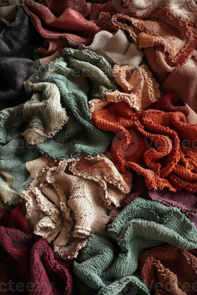 Beautifully arranged textured fabrics in various colors and patterns at a textile studio showcasing vibrant craftsmanship photo