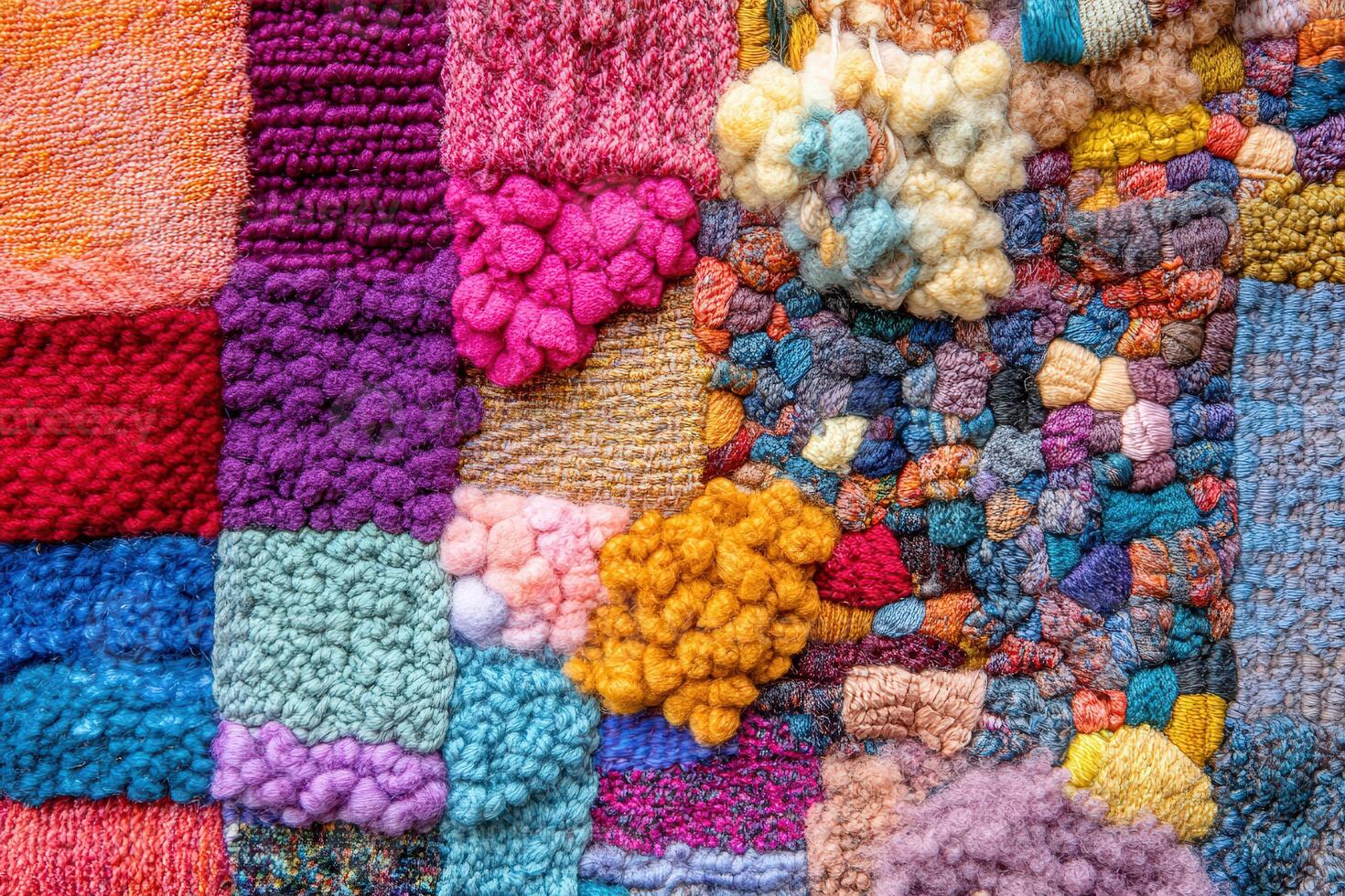 Colorful textile art display featuring various textures and yarns at a craft fair in vibrant spring setting photo