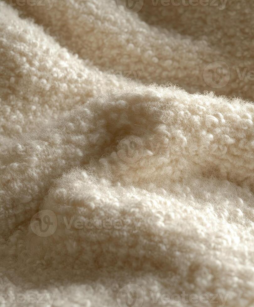 Soft and textured boucle fabric in neutral tones placed on a surface illuminated by warm natural light during the afternoon photo