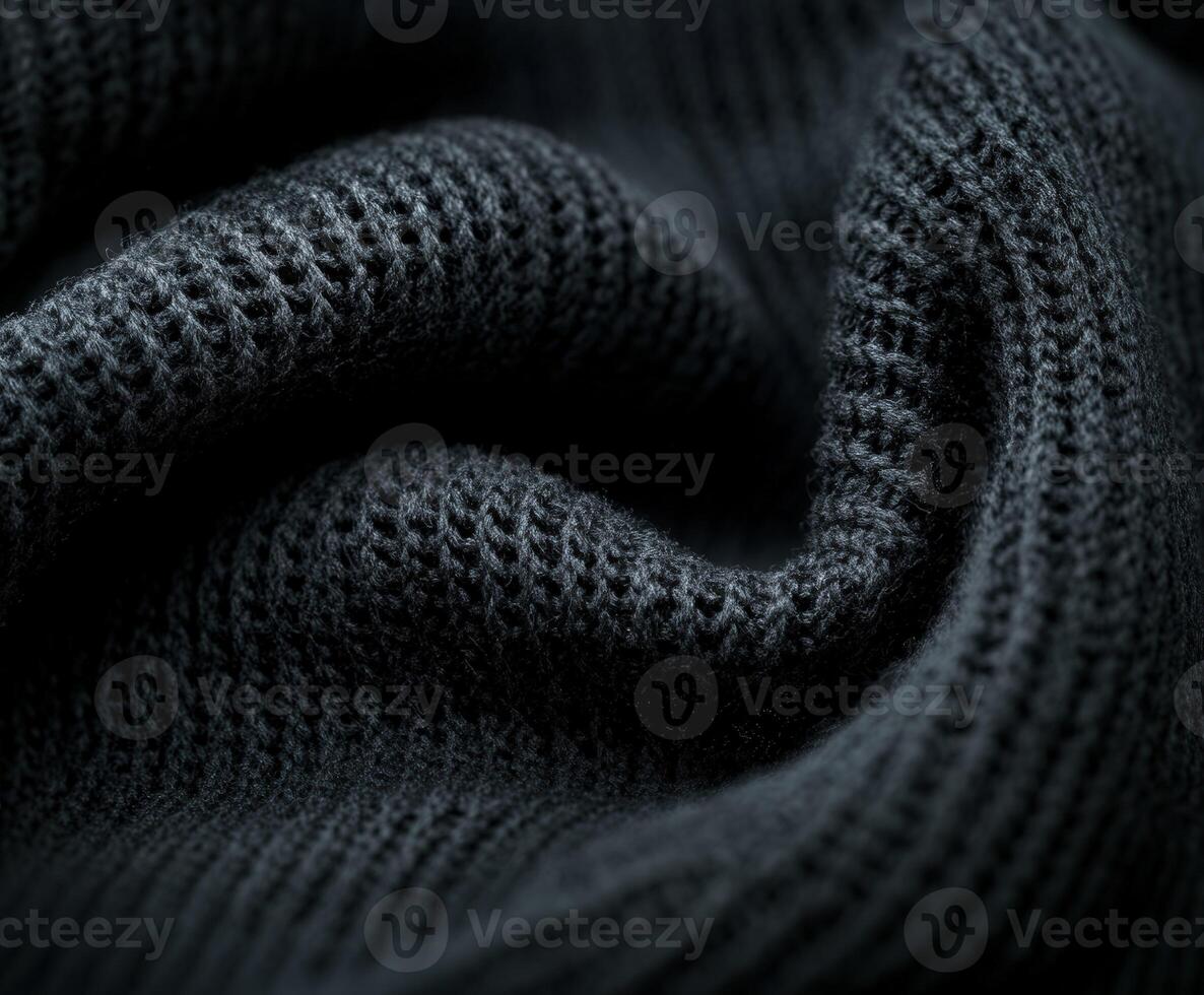 Luxurious dark boucle fabric showcasing intricate texture and depth in soft woven threads during a close-up view photo