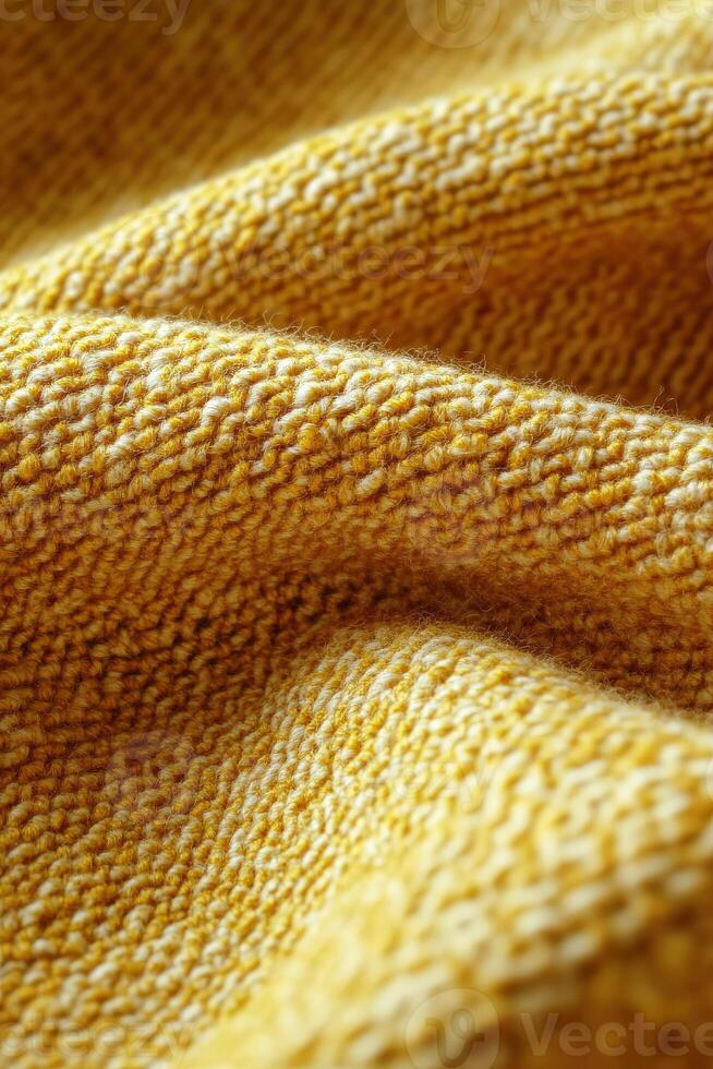 Beautiful close-up of vibrant yellow boucle fabric showcasing its unique texture and rich color photo