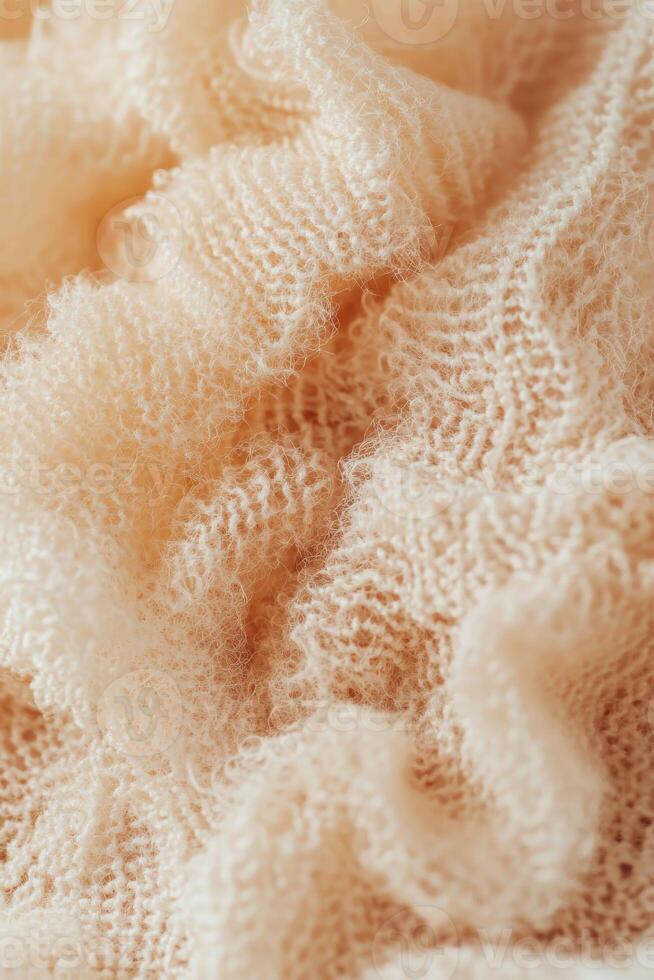 Soft and textured boucle fabric in light peach color showcasing intricate patterns and delicate weave photo