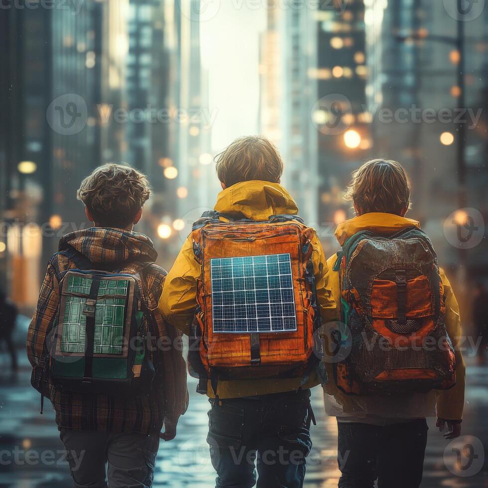 Three children from generation alpha exploring a vibrant city with solar-powered backpacks during a rainy afternoon photo