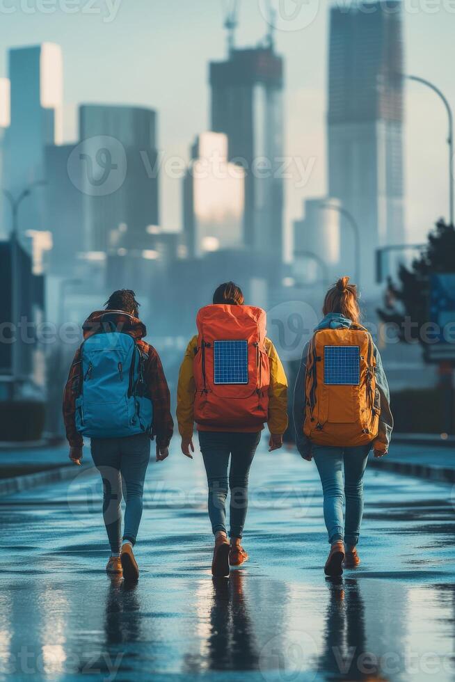Young explorers with solar backpacks walk through a city after rain showcasing Generation Alpha's love for adventure photo