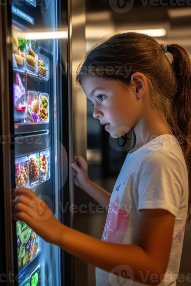 Young girl exploring modern vending machine with colorful snacks at school during afternoon break photo