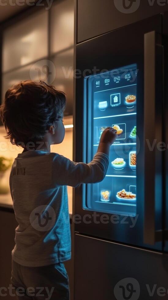 Child interacting with smart fridge screen while exploring food options in modern kitchen during evening time photo