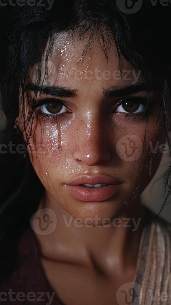 Close-up portrait of a young woman with wet skin and deep expression during a warm afternoon photo