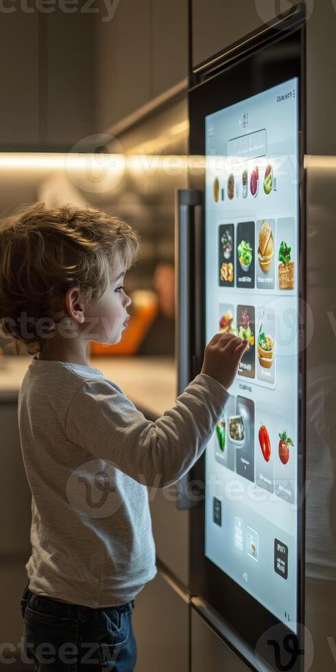 Child exploring interactive smart refrigerator interface while preparing for meal at home kitchen photo