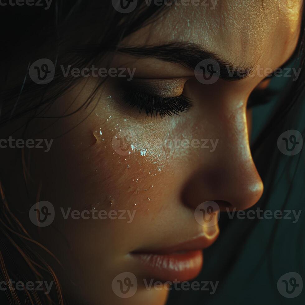 Intense close-up portrait of a woman illuminated by soft light showcasing emotion and detail photo