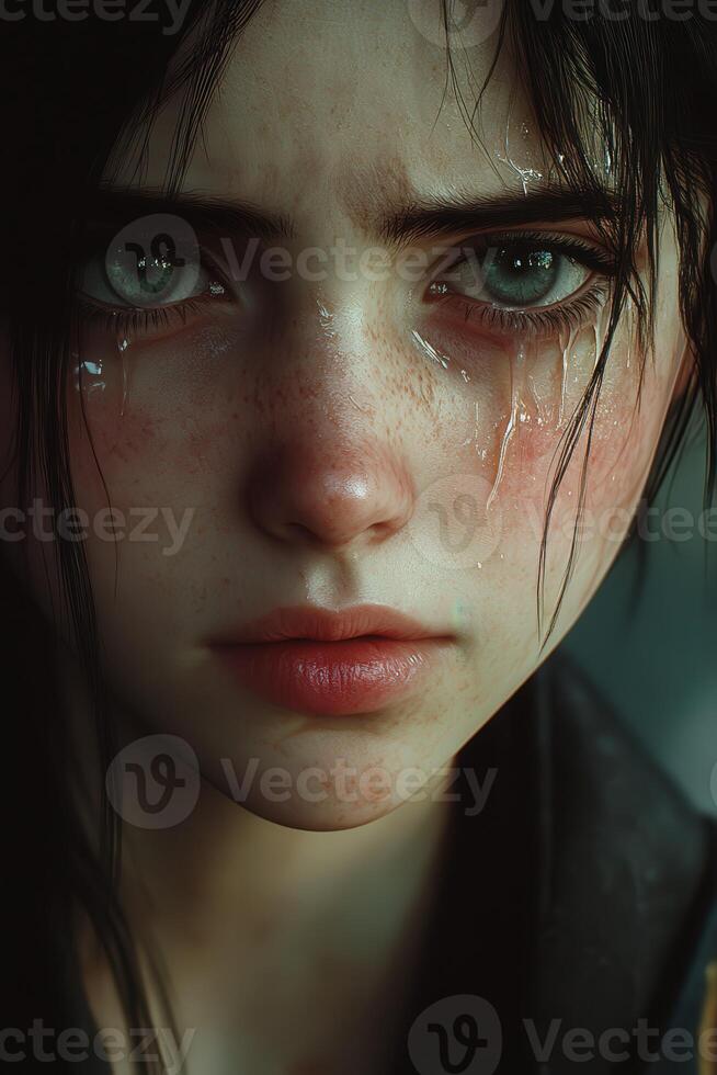 Young woman with tears reflecting deep emotion in close-up portrait at twilight photo