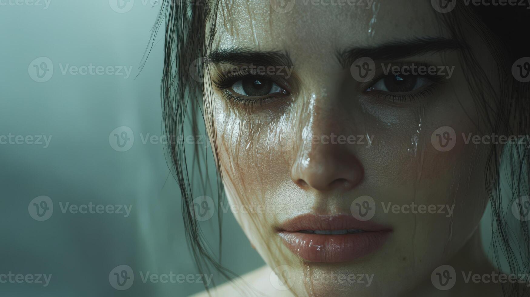 Woman with wet hair and emotional expression in a dimly lit setting during a rainstorm photo