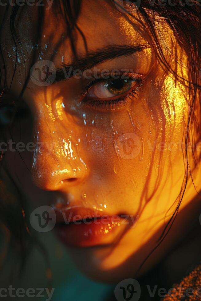 Dramatic close-up of a wet model illuminated by warm light in an artistic portrait session at sunset photo