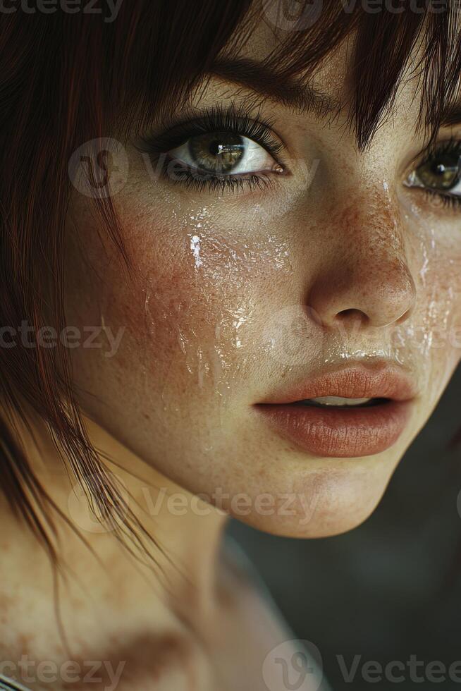 Portrait of a young woman with freckles and water droplets on her face, capturing emotions in natural lighting photo
