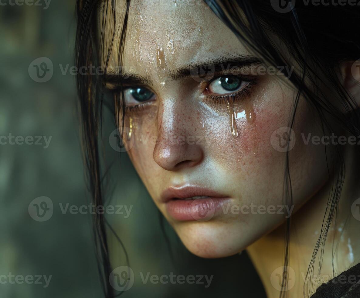 Intense expression of emotion captured in a close-up portrait of a young woman with tears glistening on her face photo
