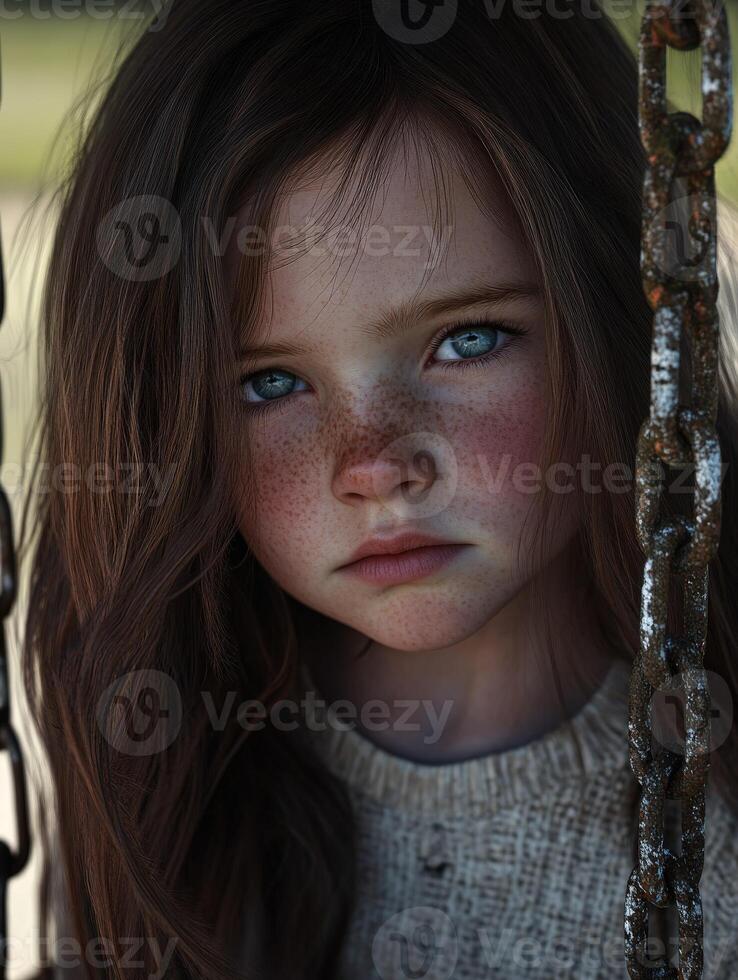 Young girl with striking blue eyes and freckles gazes intently while standing between chain swings at a playground on a sunny day photo