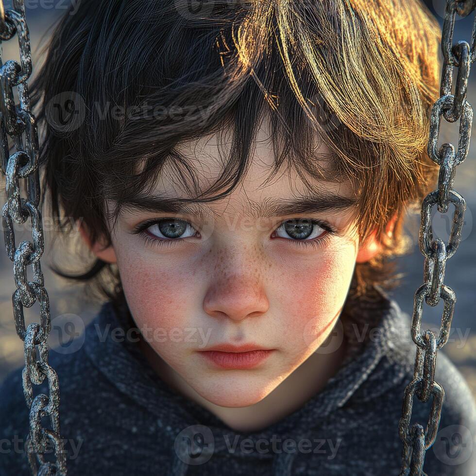Portrait of a boy on a swing set with captivating eyes and a serious expression in a playground during golden hour photo