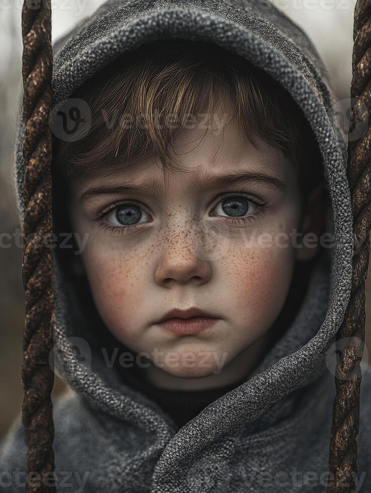 Young child with intense gaze in grey hoodie, captured in a moment of contemplation on a swing set during dusk photo