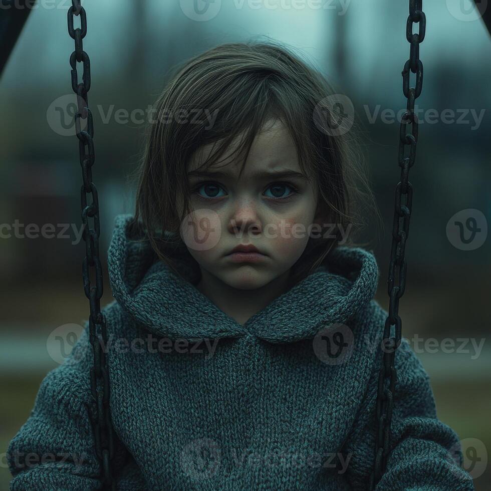 Child sitting on a swing in a desolate playground on a gloomy day, evoking a sense of isolation and contemplation photo