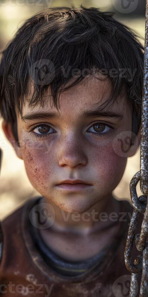 Child with expressive eyes stands near rusty chains in a sunlit outdoor setting during the late afternoon photo