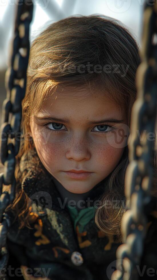 Young girl with piercing blue eyes gazing from behind playground chains in soft evening light photo