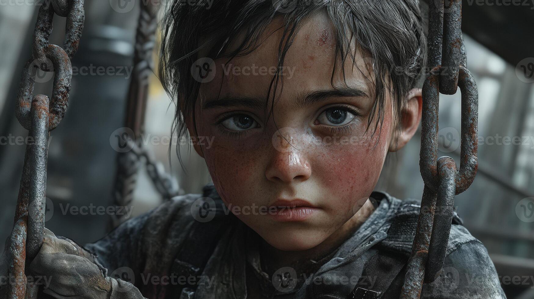 Emotional portrait of a young child in a dilapidated setting, reflecting resilience and vulnerability amidst challenging surroundings photo