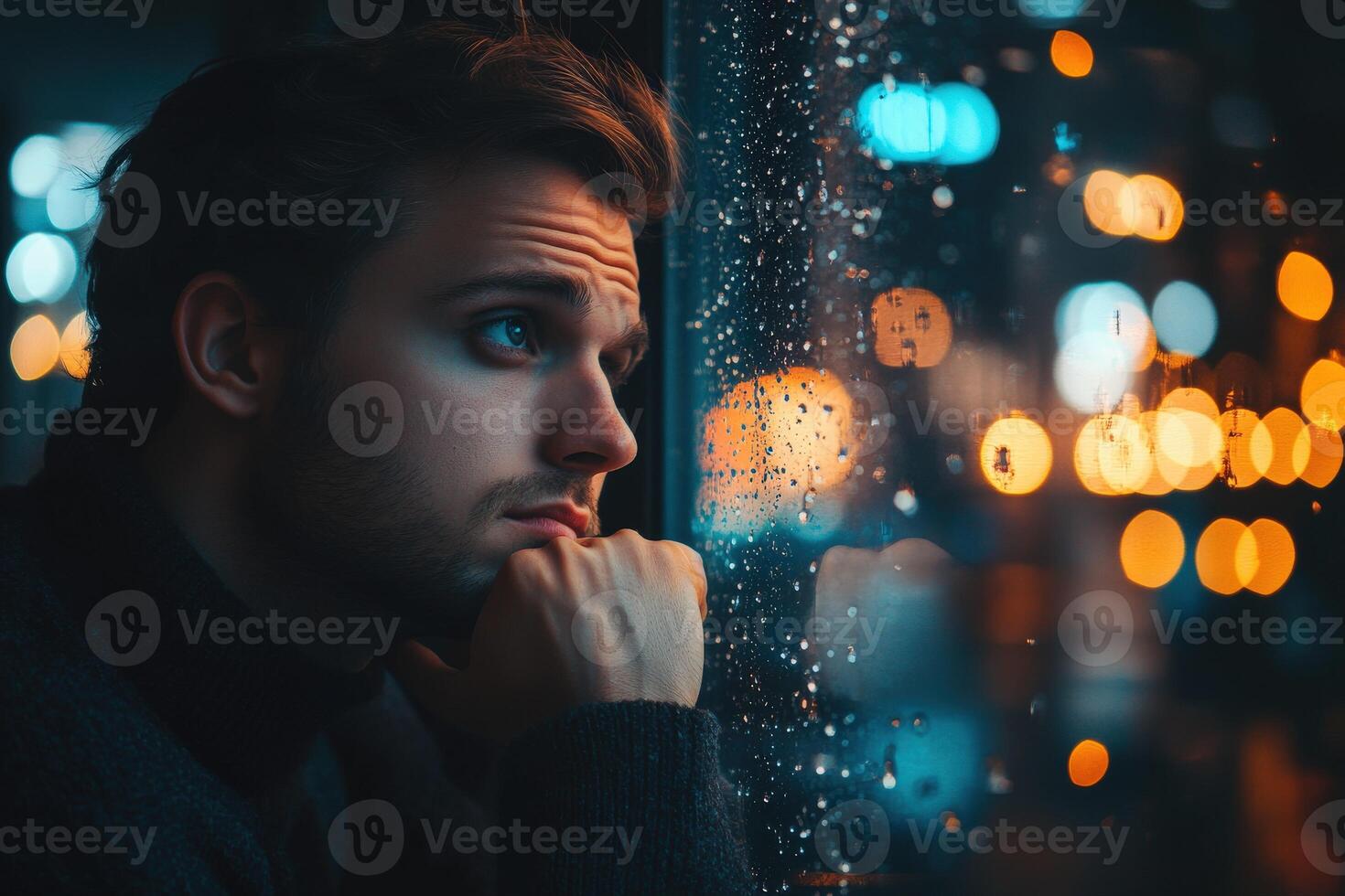 Thoughtful man gazes through rain-streaked window at city lights during a quiet evening photo