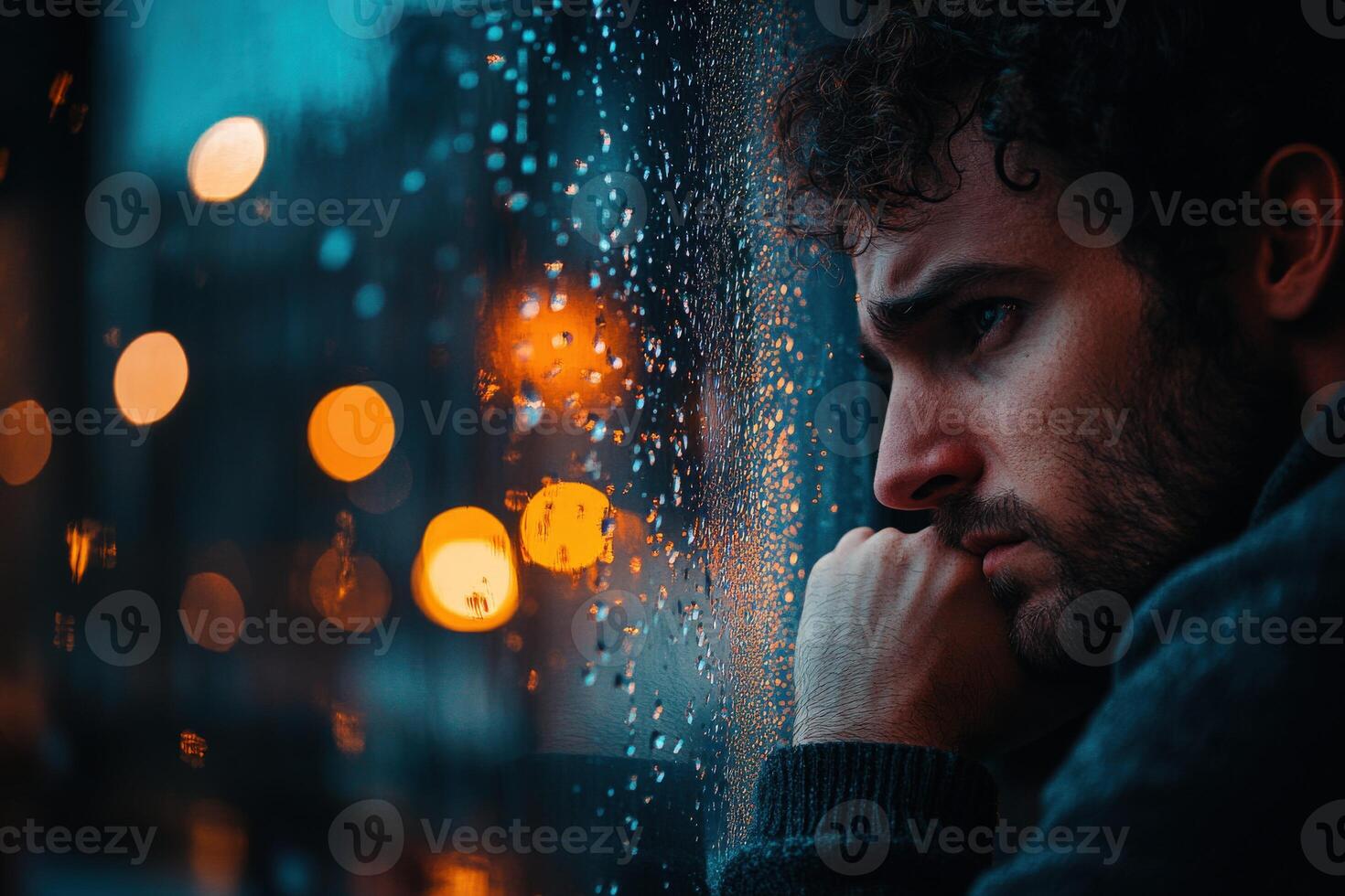 Man gazes thoughtfully out of a rainy window during an evening in the city reflecting on his emotions and life choices photo