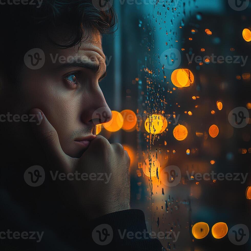 Contemplative young man gazes out of window during a rainy evening in the city with glowing lights in the background photo