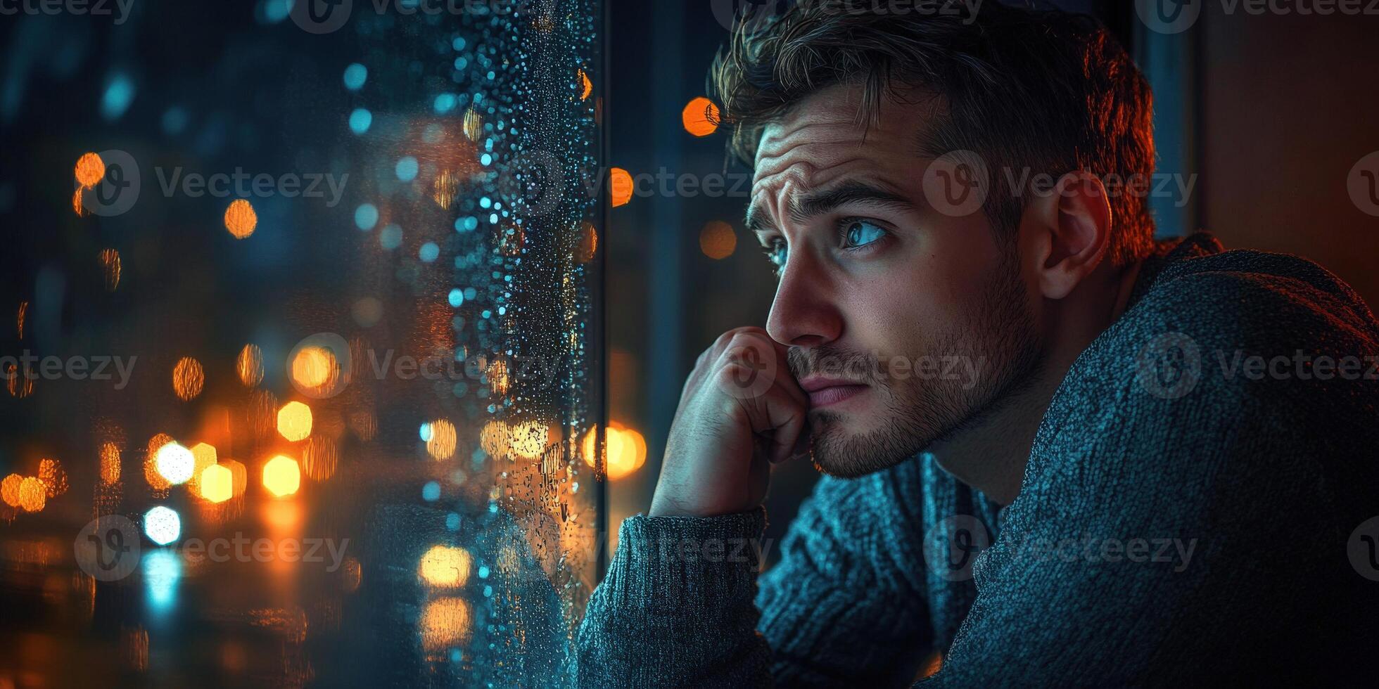 Man gazes thoughtfully out a rain-soaked window on a cozy evening in an urban setting photo