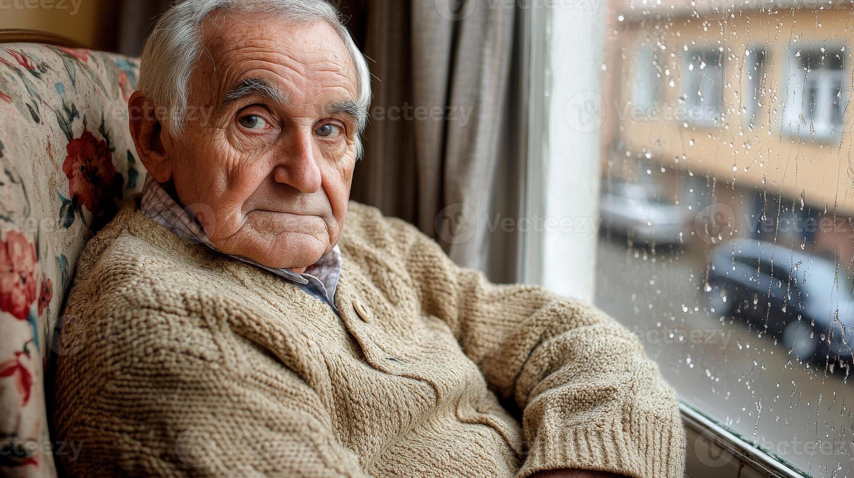 Elderly man looking pensively out the window during a rainy day in a cozy room photo