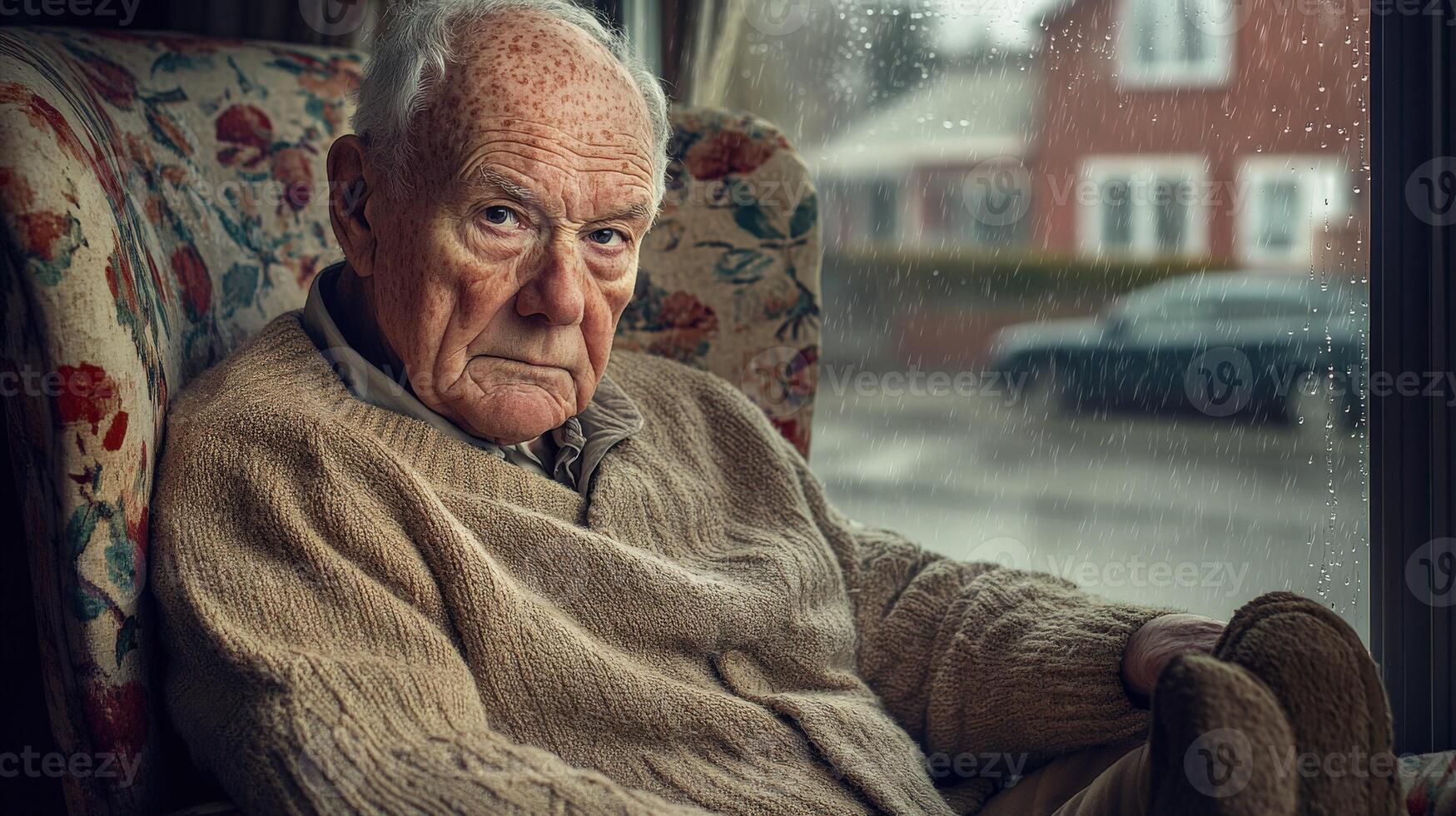 Elderly man sitting in a cozy armchair by the window on a rainy day reflecting on memories and experiences photo